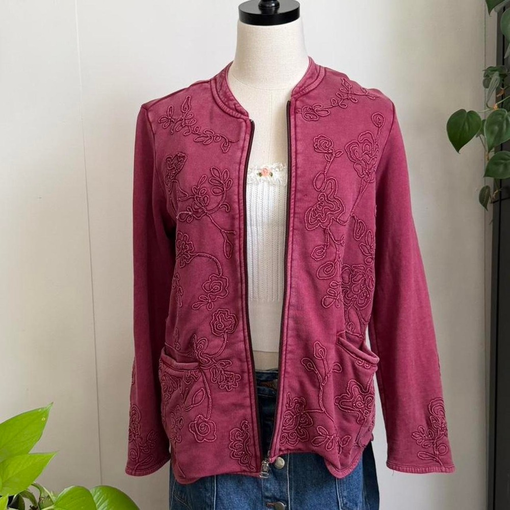 Coldwater Creek Pink Floral Embroidered Zip Up Cotton Sweatshirt Petite Small